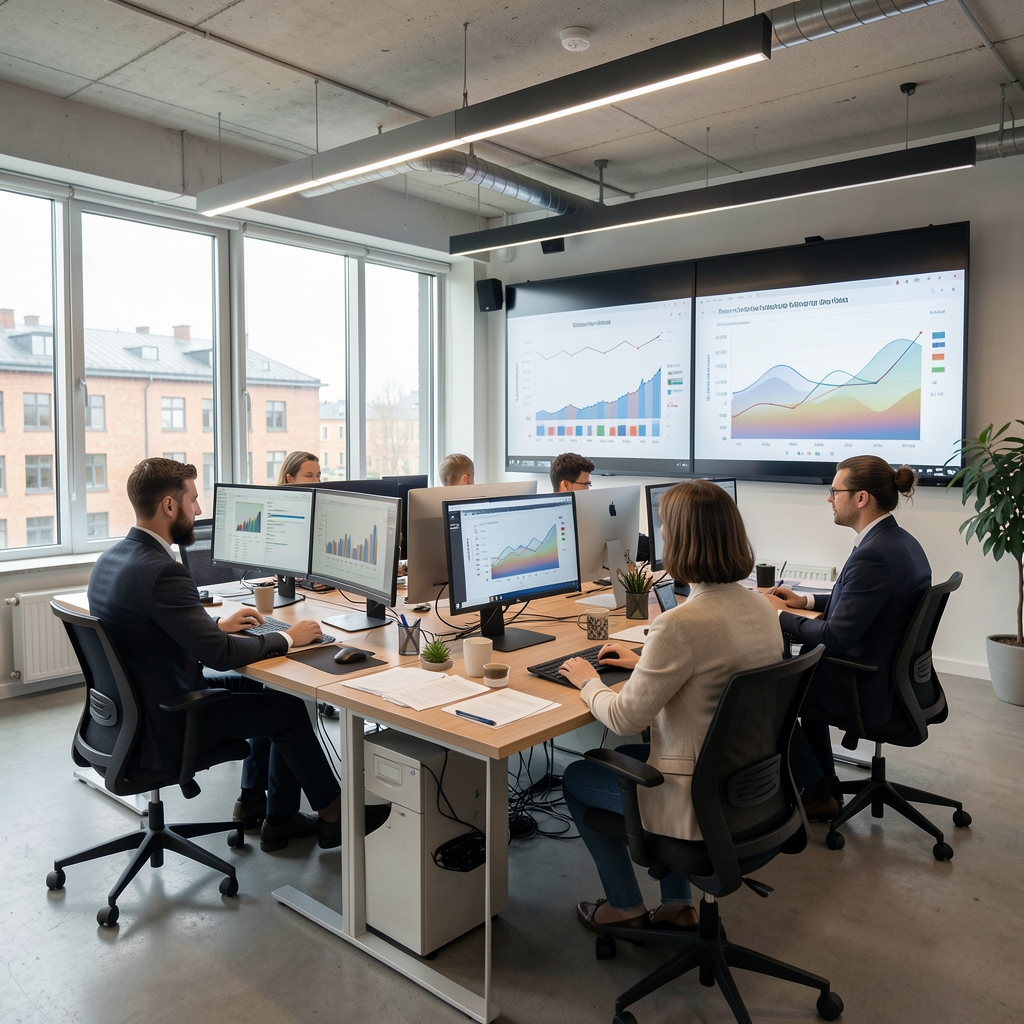 Modern open-plan financial research office in Copenhagen with analysts working at dual-monitor setups and data visualizations on large screens