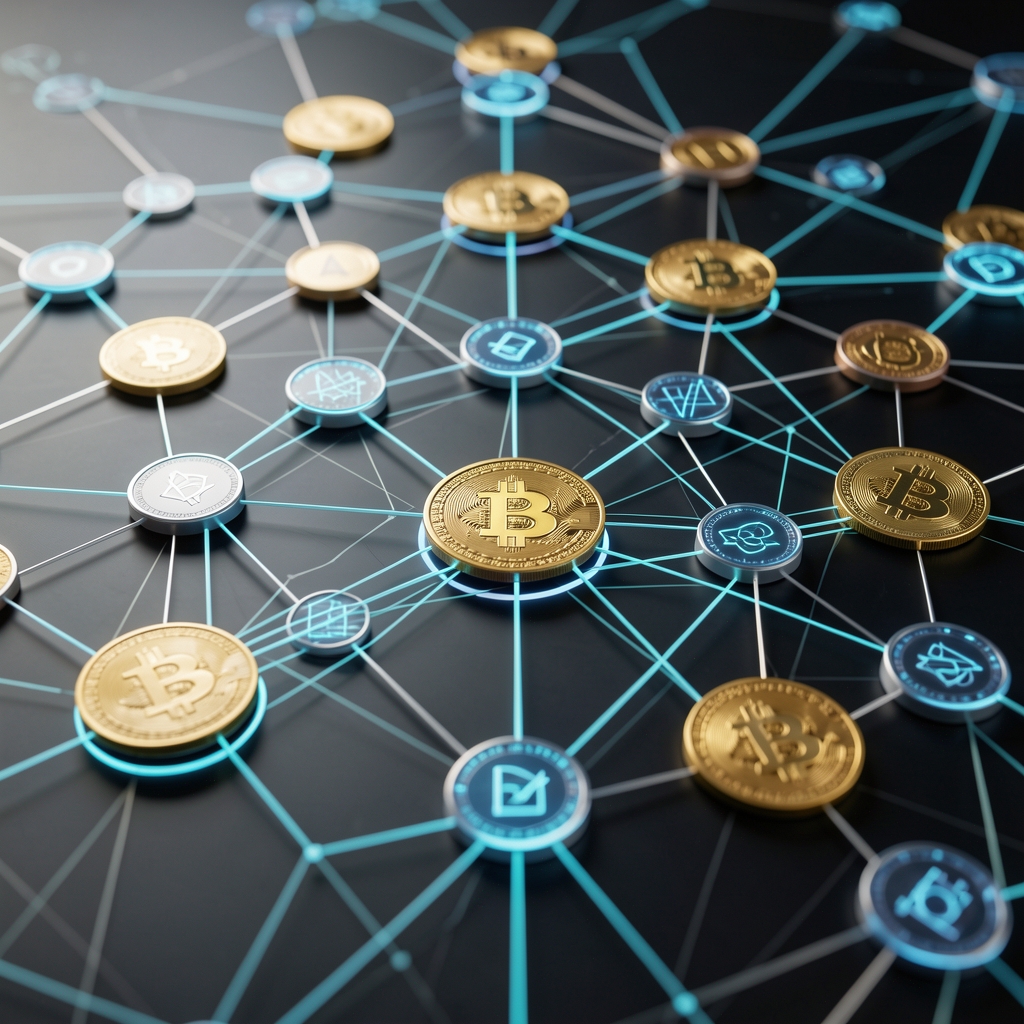 Abstract digital representation of blockchain network nodes and connections with cryptocurrency symbols representing digital assets research technology