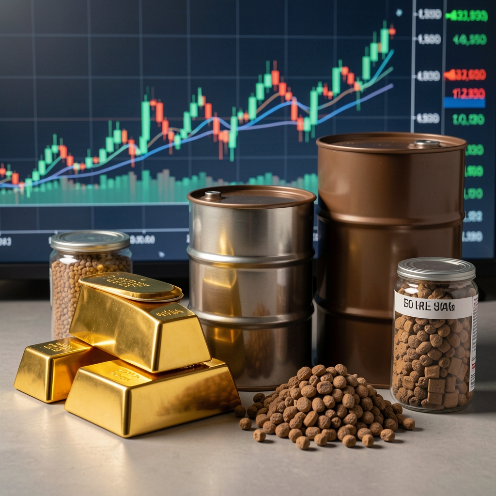 Gold bars, oil barrels and agricultural commodity products arranged with financial price charts in background