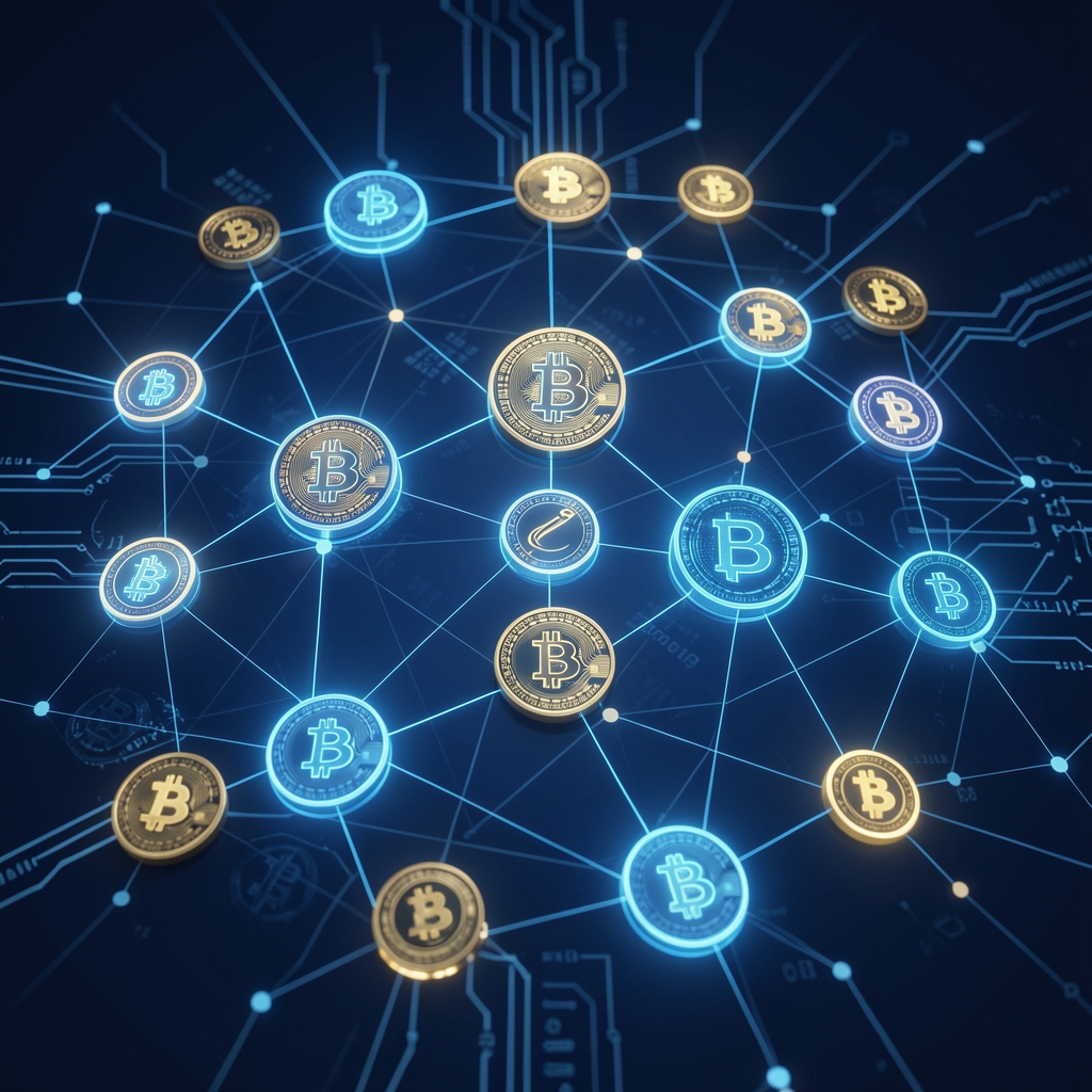 Digital blockchain network visualization with glowing nodes and cryptocurrency symbols on dark blue background