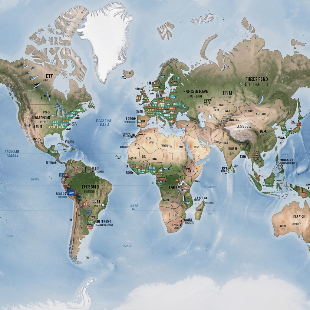 Global financial map showing ETF and index fund allocations across continents with data overlays