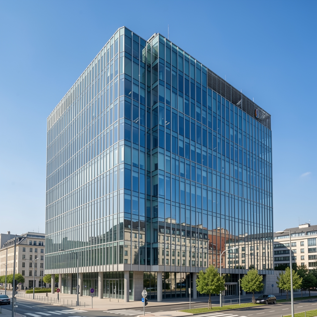 European Central Bank headquarters building in Frankfurt Germany reflecting modern architecture against blue sky representing monetary policy and European financial institutions