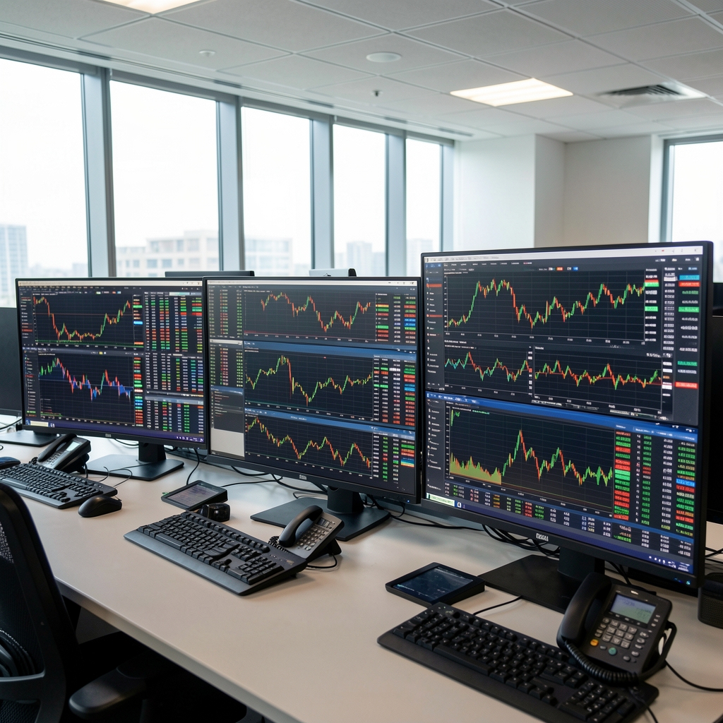 Professional financial trading room with multiple Bloomberg terminal screens displaying live market data, charts and indices for global equity and bond markets