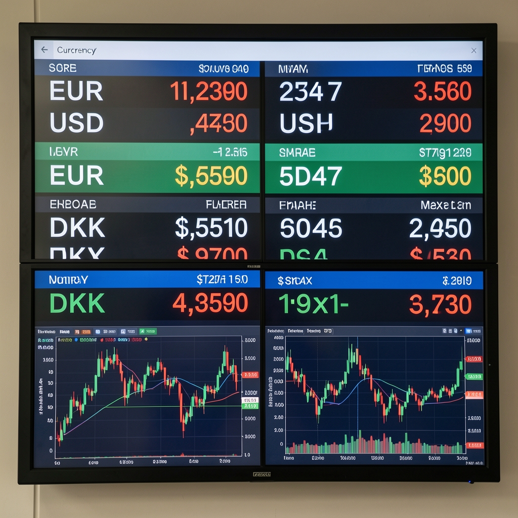 Currency exchange rate displays showing EUR USD DKK and other major pairs with forex market analysis charts