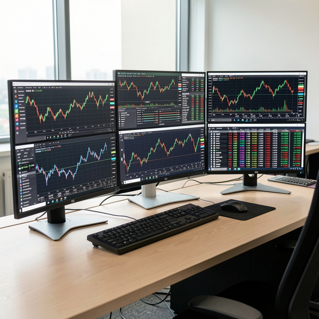 Professional forex trading desk with multiple monitors displaying currency pair charts, EUR USD rate graphs and real-time financial market data