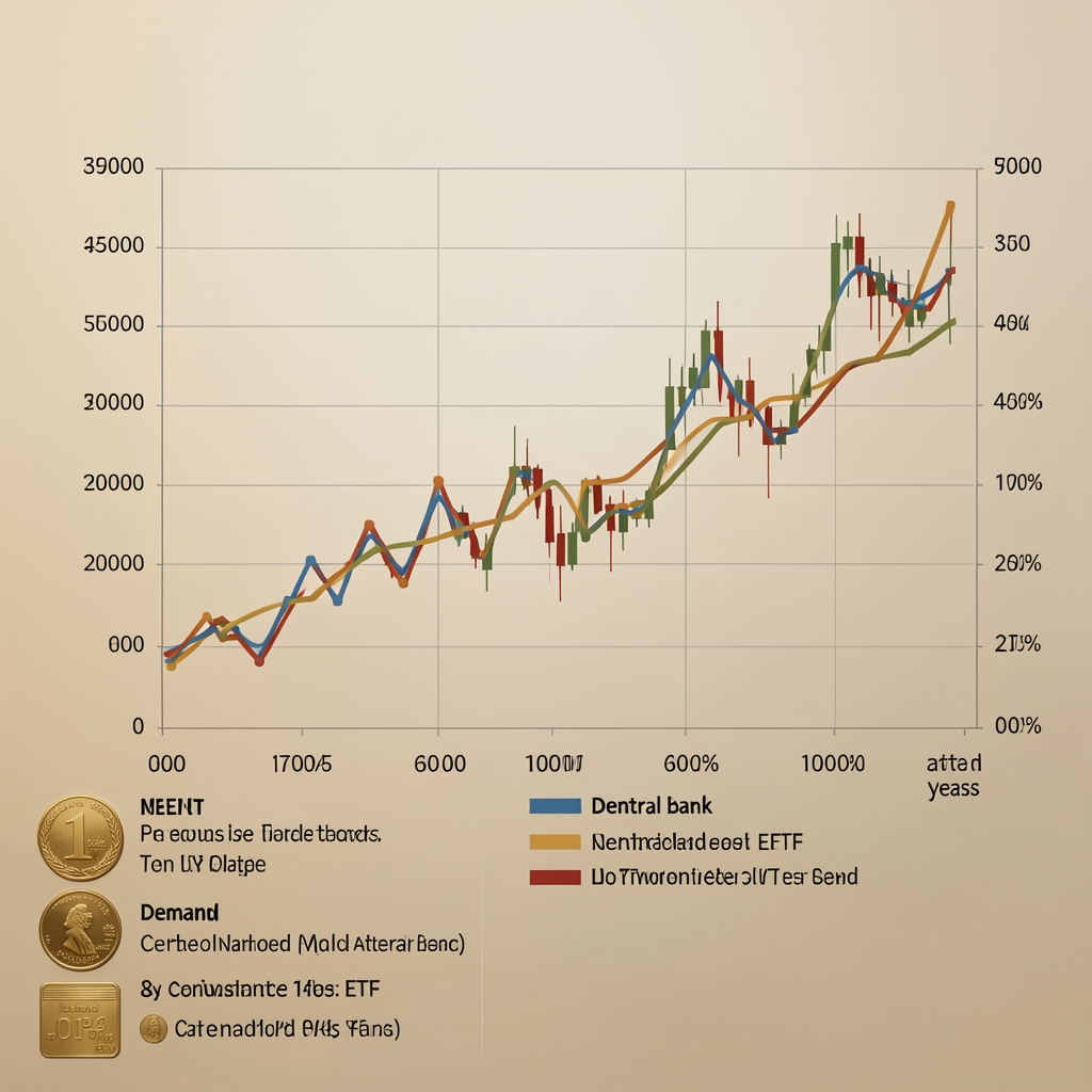Gold market analysis chart showing precious metals price trend over five years with demand breakdown by central bank and ETF categories