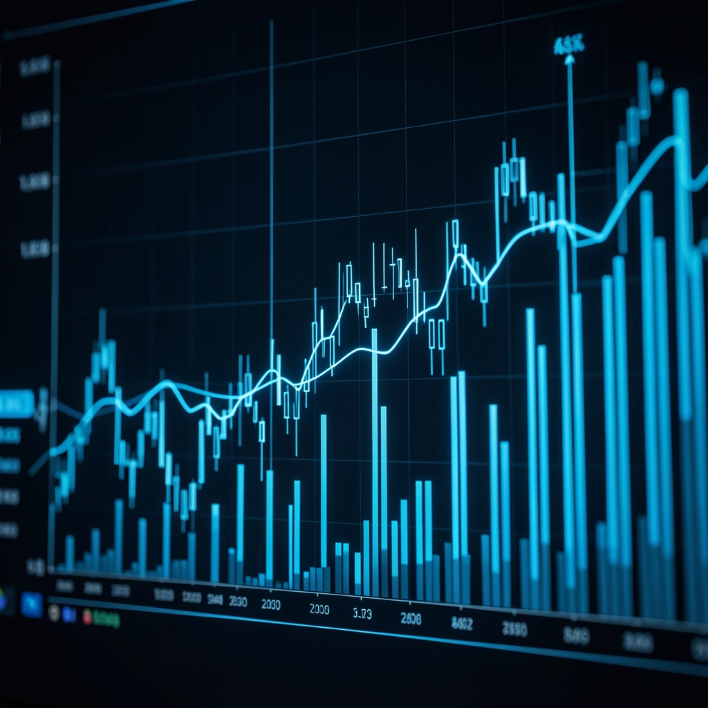 Abstract financial data visualization with glowing blue lines and charts on dark background