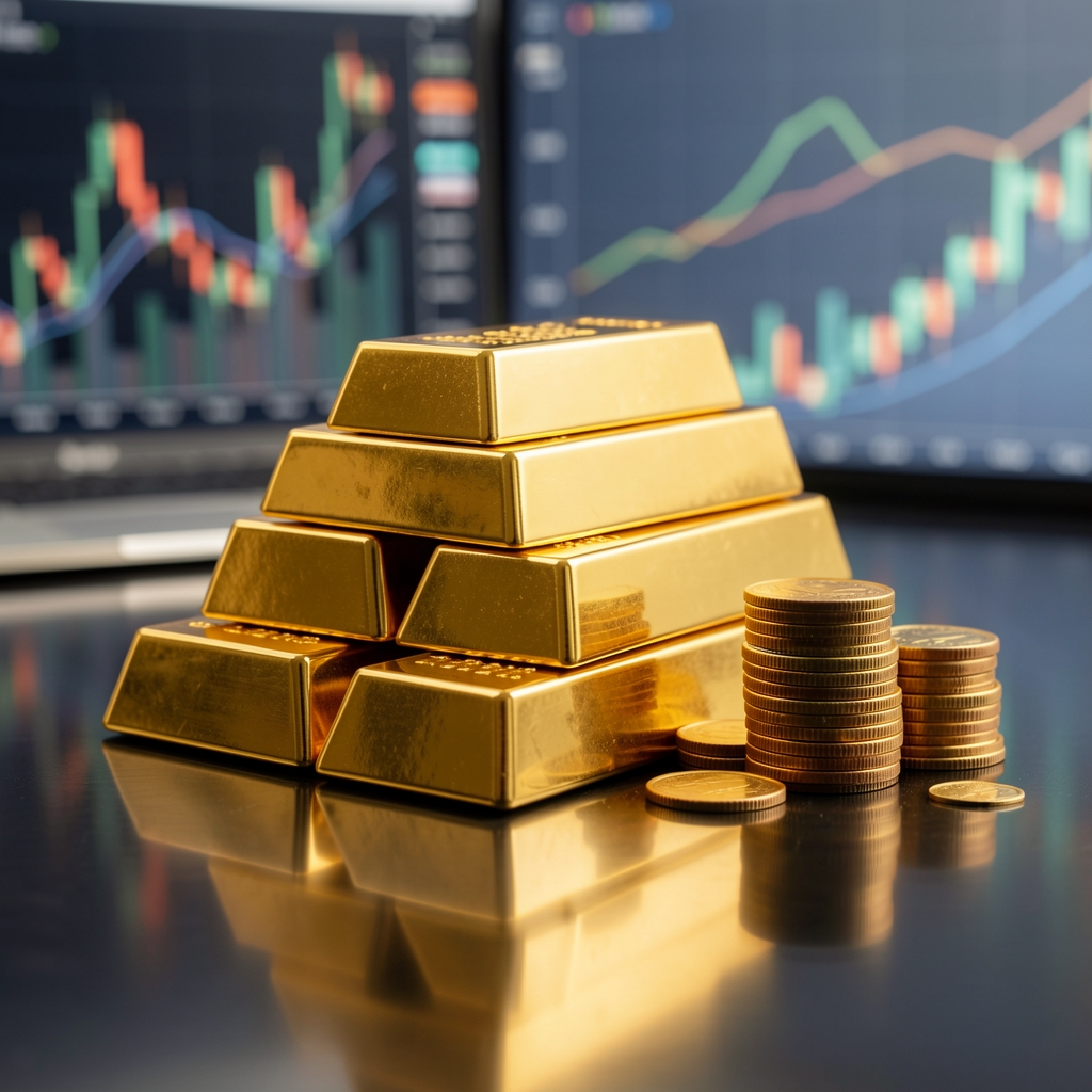 Stacked gold bars and coins on reflective surface with blurred financial charts in background