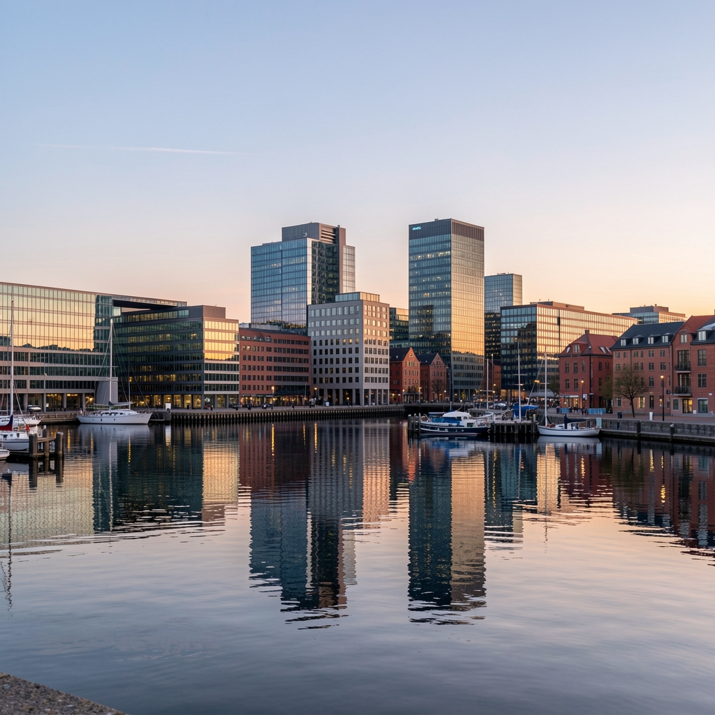 Copenhagen skyline with financial district buildings reflecting in harbour water at dusk