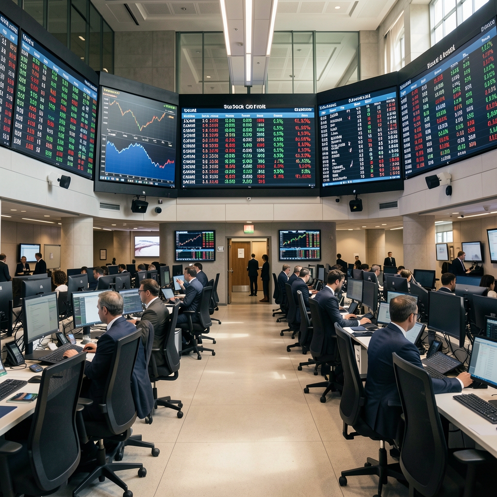 Stock exchange trading floor with digital display boards showing equity prices and percentage changes